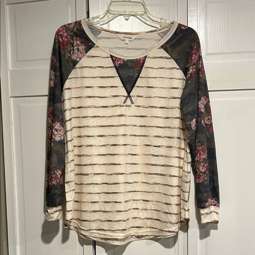 Cute Cream Striped Top with Floral Sleeves